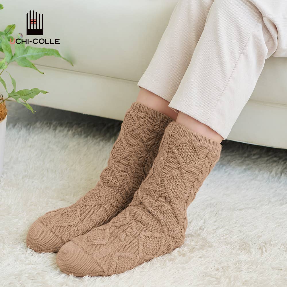 【極厚內側毛絨】 家居襪水手長絞花花紋